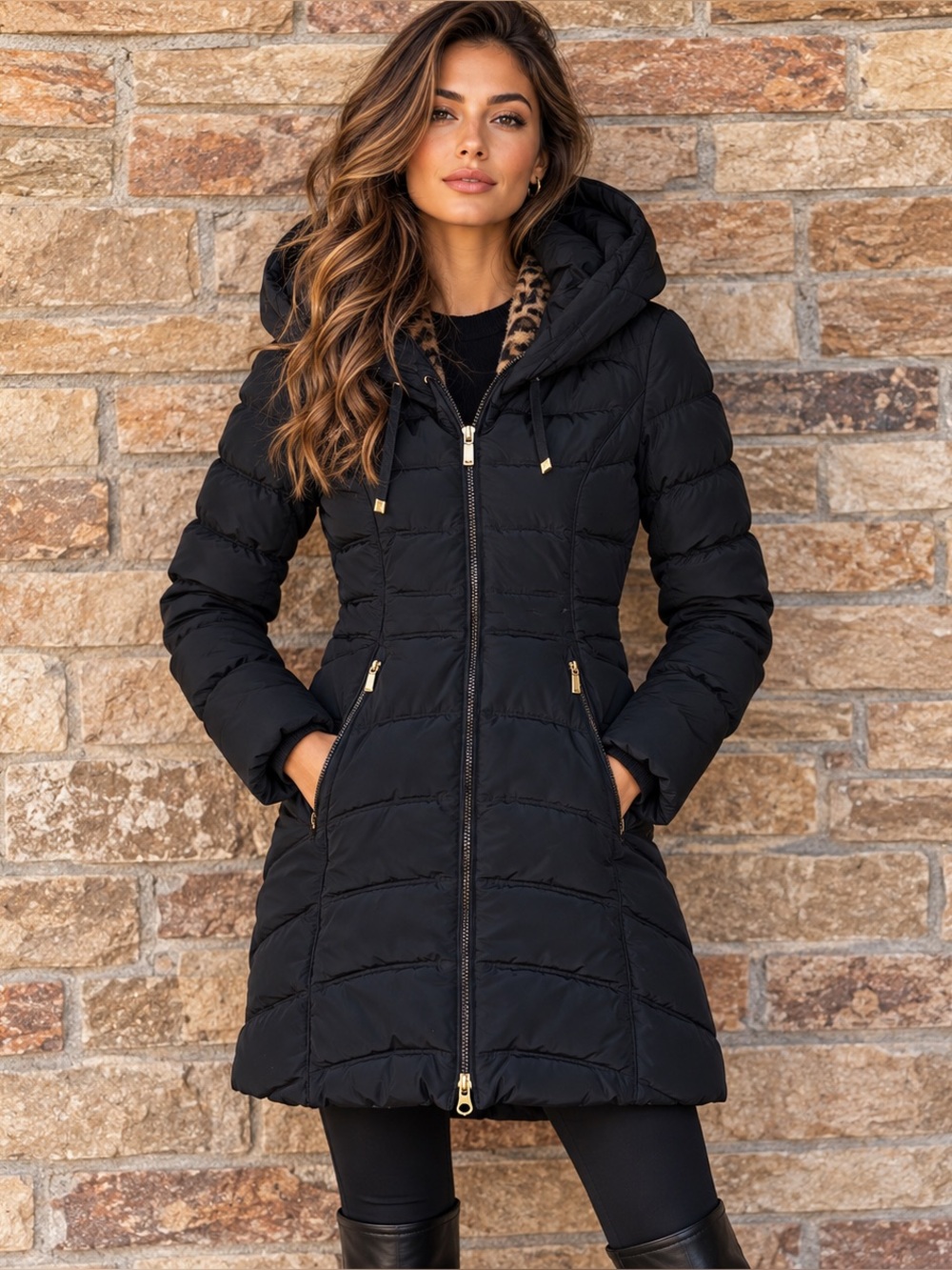 Laundry by Shelli Segal Black Fitted Hooded Puffer Coat S